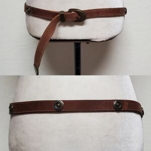Unisex Vintage Joan & David Brown Leather Copper Stud Pointed Buckle Belt